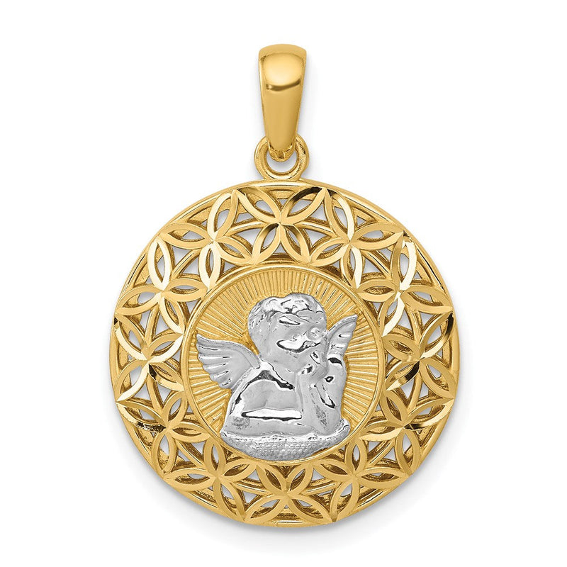 14K Gelbgold & Rhodium mit Rhodium poliertem Filigran-Schutzengel-Anhänger