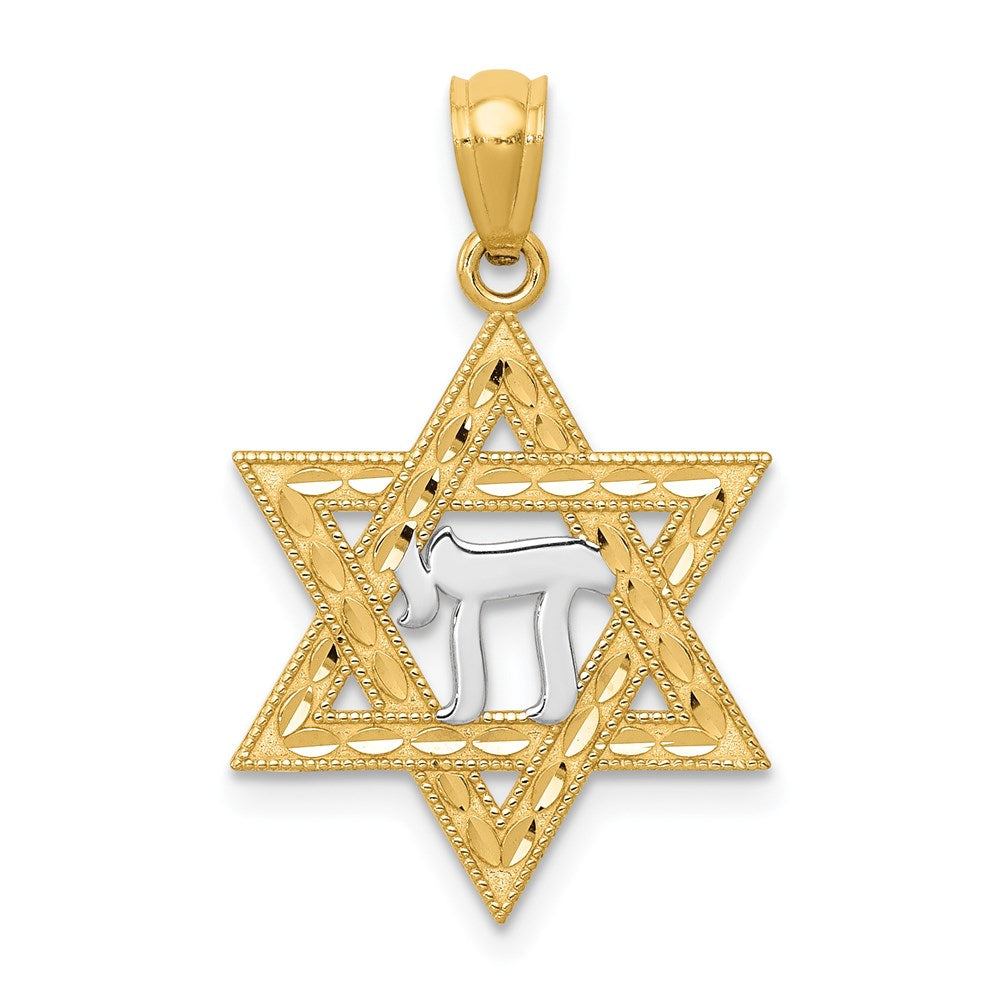 14K Gelb & Rhodium mit Rhodium Stern Of David mit Chai Anhänger