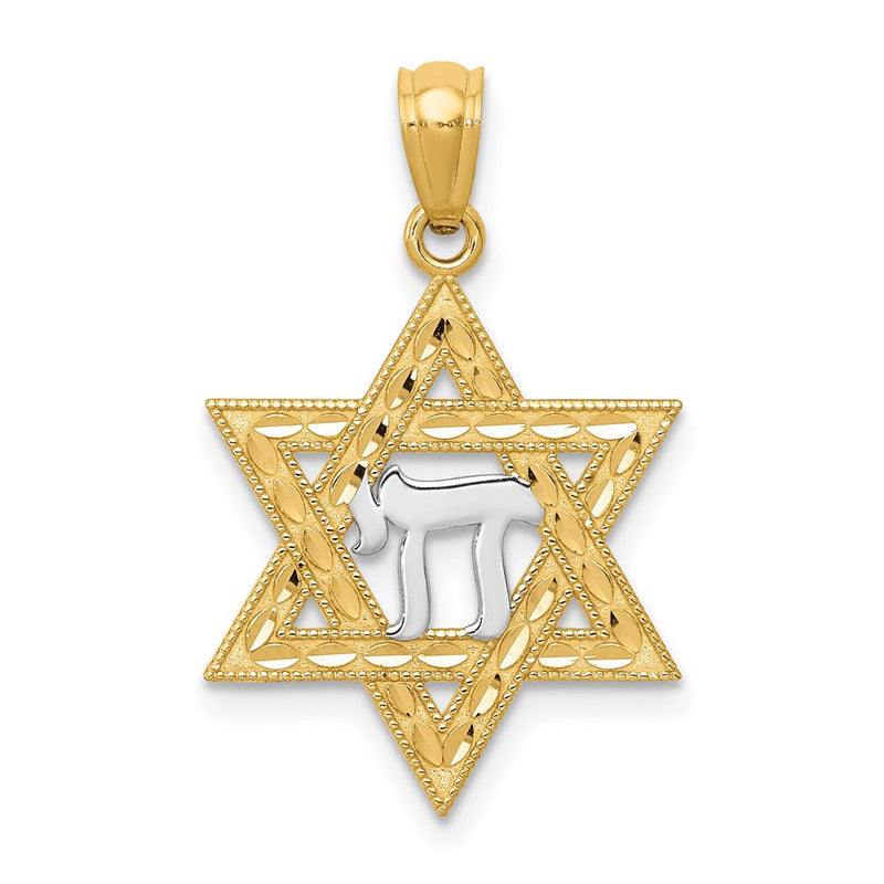 14K Gelb & Rhodium mit Rhodium Stern Of David mit Chai Anhänger