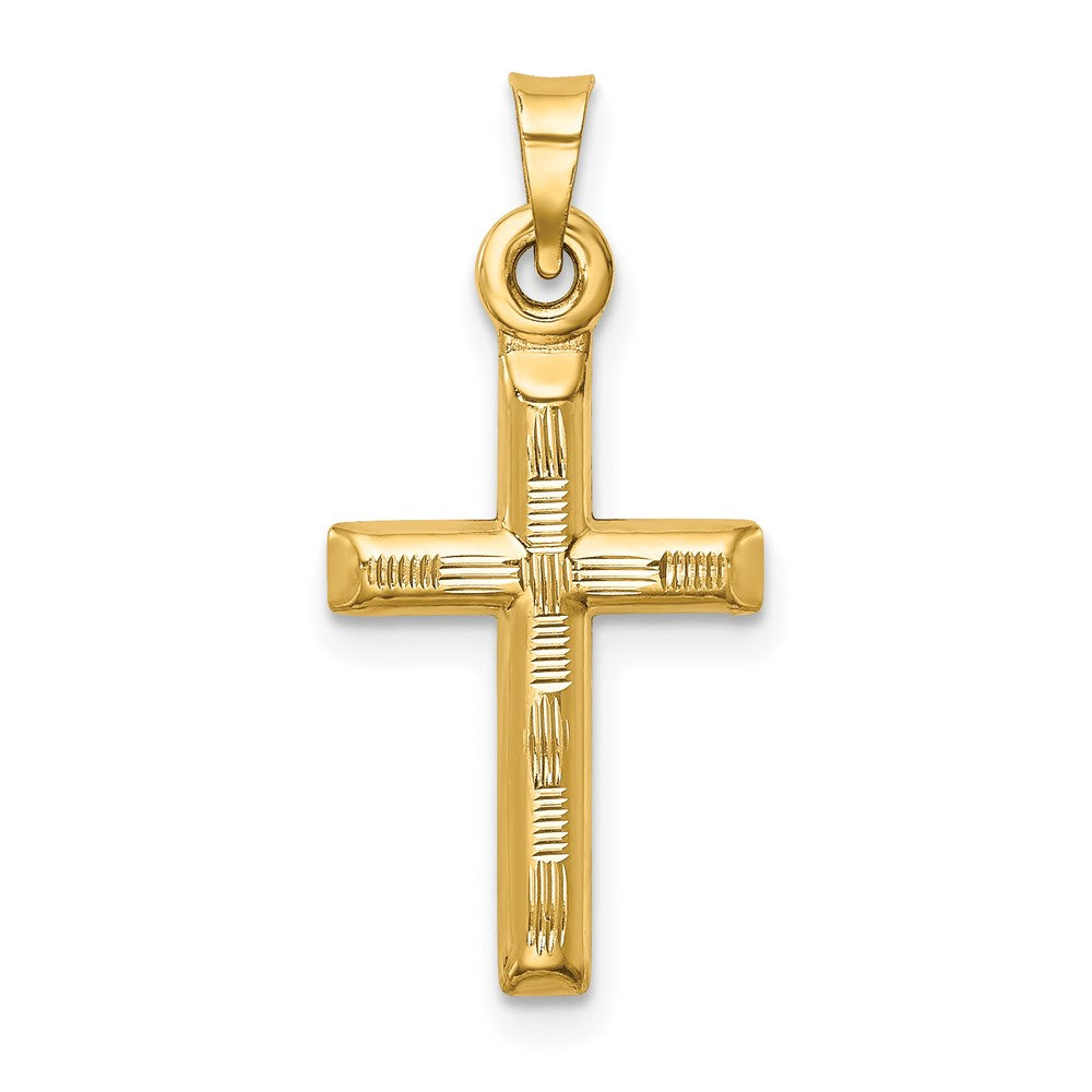 14K Gelbgold Hohl Diamantiert Kreuz Anhänger