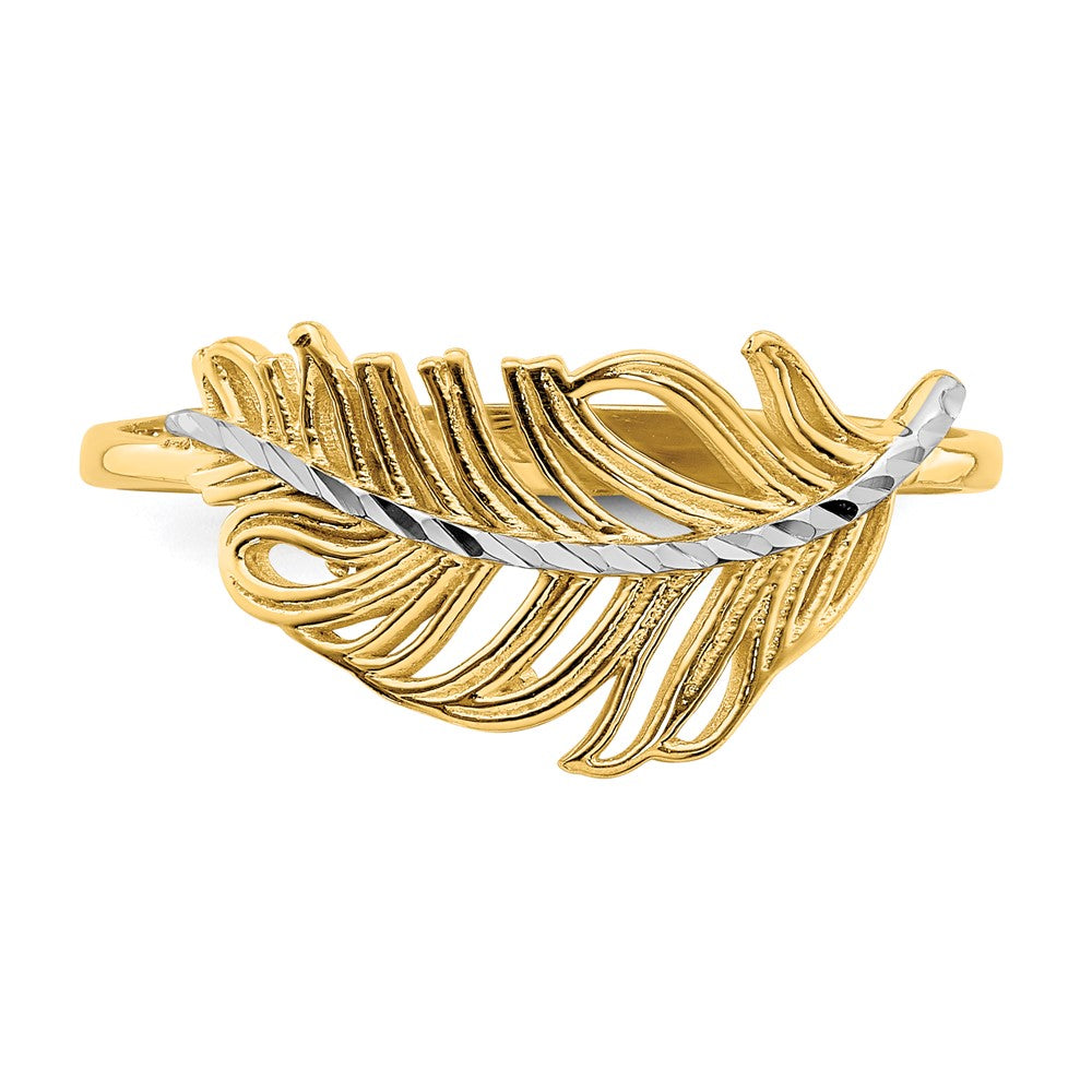 14K Gelbgold Ring mit Weißrhodinierung, Feder-Design