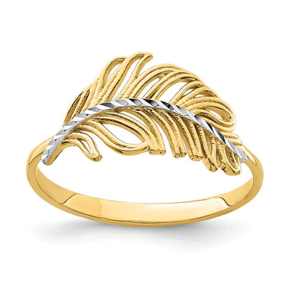 14K Gelbgold Ring mit Weißrhodinierung, Feder-Design