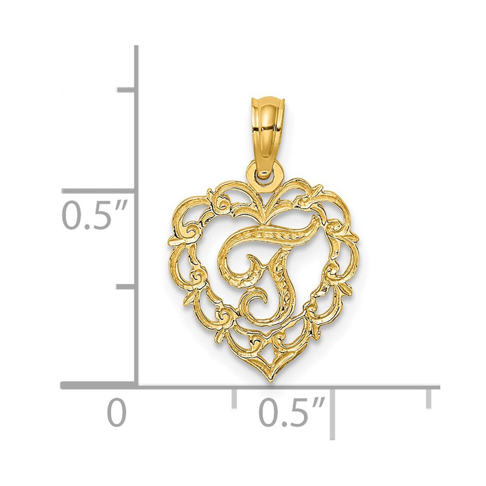 14K Gelbgold 14ky Herz Schreibschrift Buchstabe T Initiale Charm