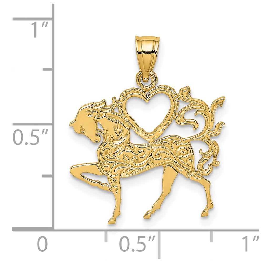 14K Gelbgold Charm mit strukturiertem Herz und Pferd