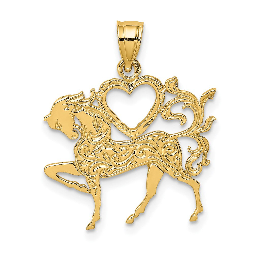 14K Gelbgold Charm mit strukturiertem Herz und Pferd