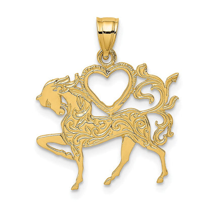 14K Gelbgold Charm mit strukturiertem Herz und Pferd