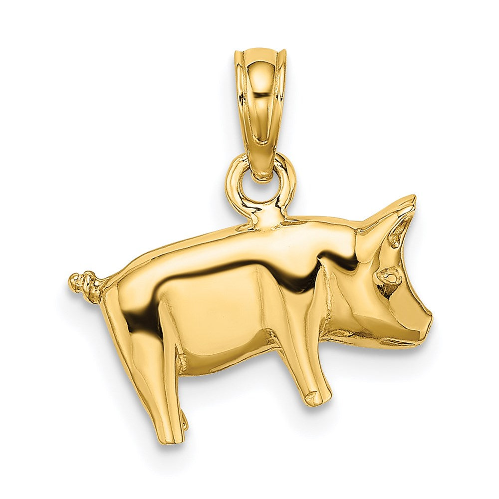 14K Gelbgold 3-D polierter Schwein-Charm mit Ringelschwanz