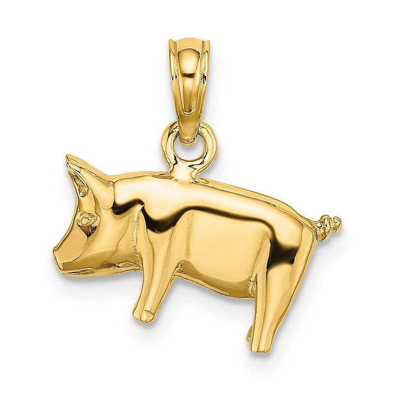 14K Gelbgold 3-D polierter Schwein-Charm mit Ringelschwanz