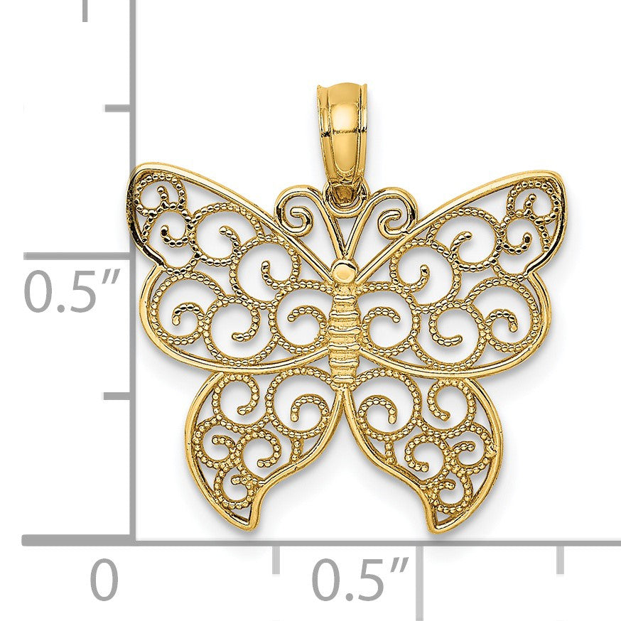 14K Gelbgold Gekugelt Filigran Klein Schmetterling Charm