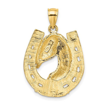 14 Karat Gelbgold poliert und gravierter Pferdekopf-im-Hufeisen-Charm