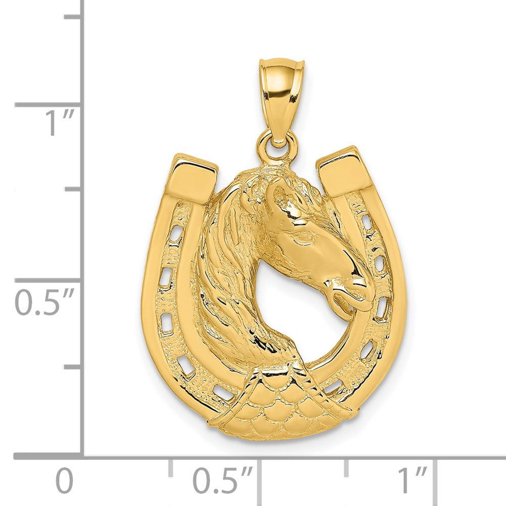 14 Karat Gelbgold poliert und gravierter Pferdekopf-im-Hufeisen-Charm