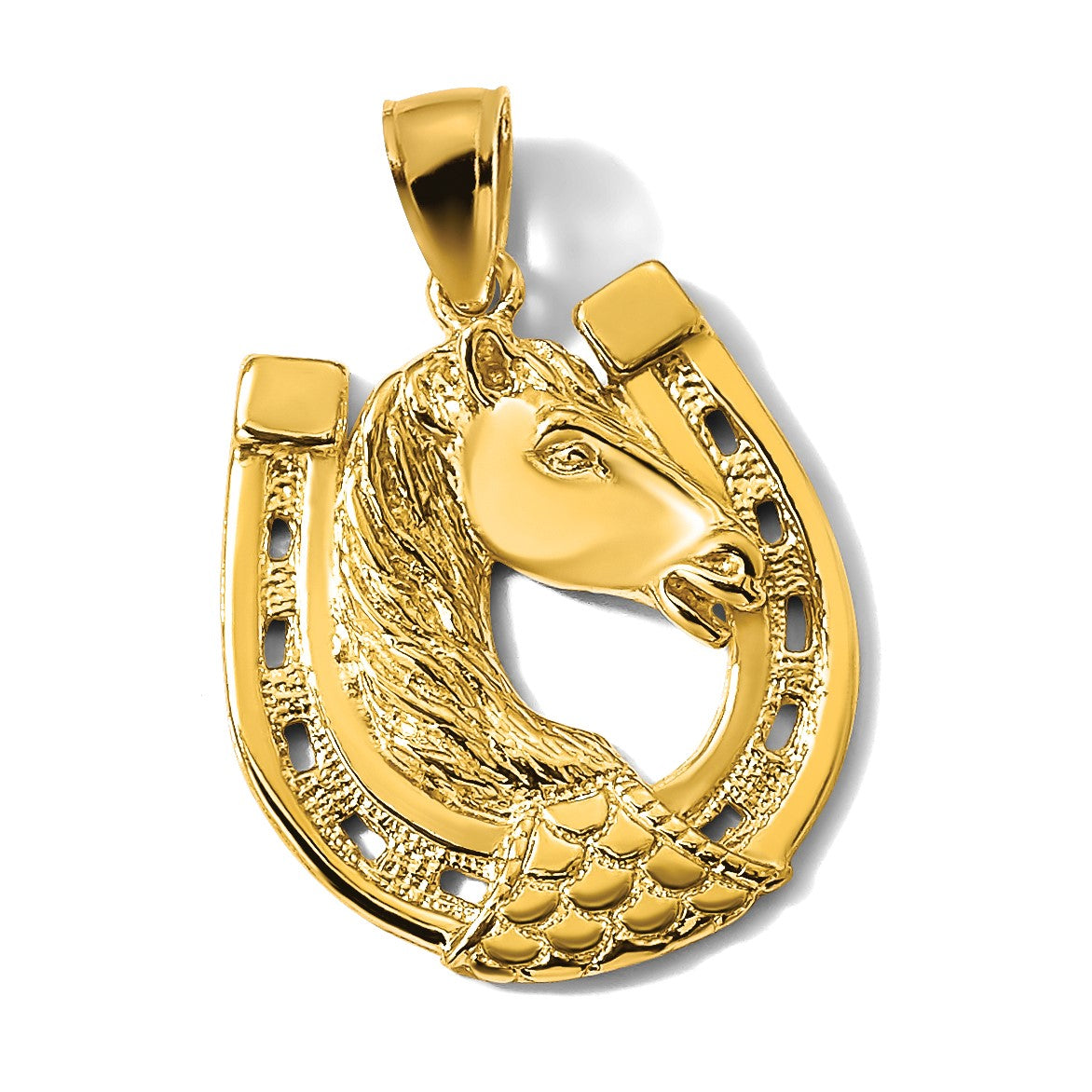 14 Karat Gelbgold poliert und gravierter Pferdekopf-im-Hufeisen-Charm