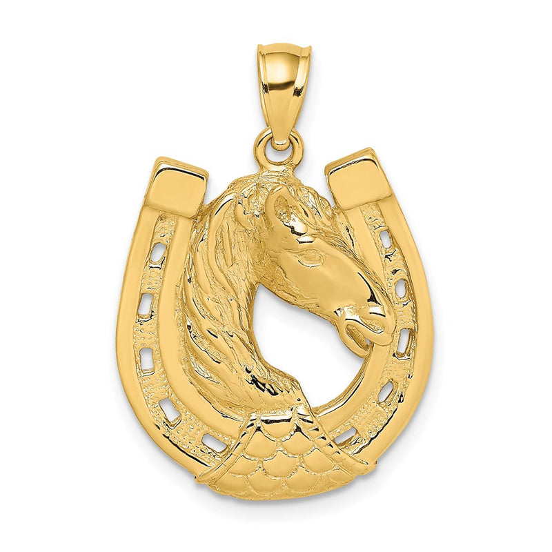 14 Karat Gelbgold poliert und gravierter Pferdekopf-im-Hufeisen-Charm