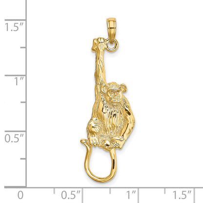 14K Gelbgold Charm mit hängendem Affen, 2-D texturiert