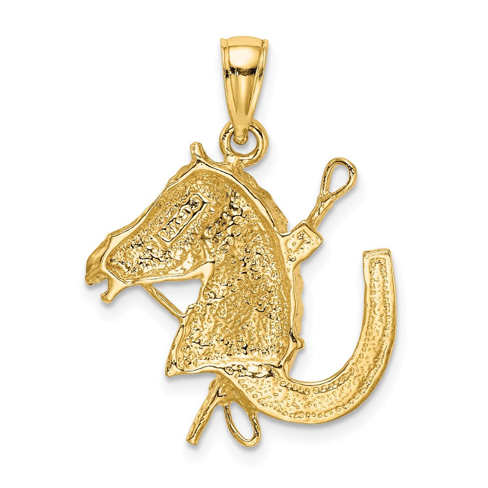 14K Gelbgold Pferdekopf-Charm mit Hufeisen und Reitgerte