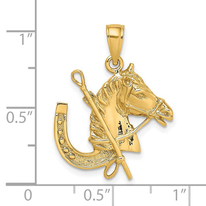 14K Gelbgold Pferdekopf-Charm mit Hufeisen und Reitgerte