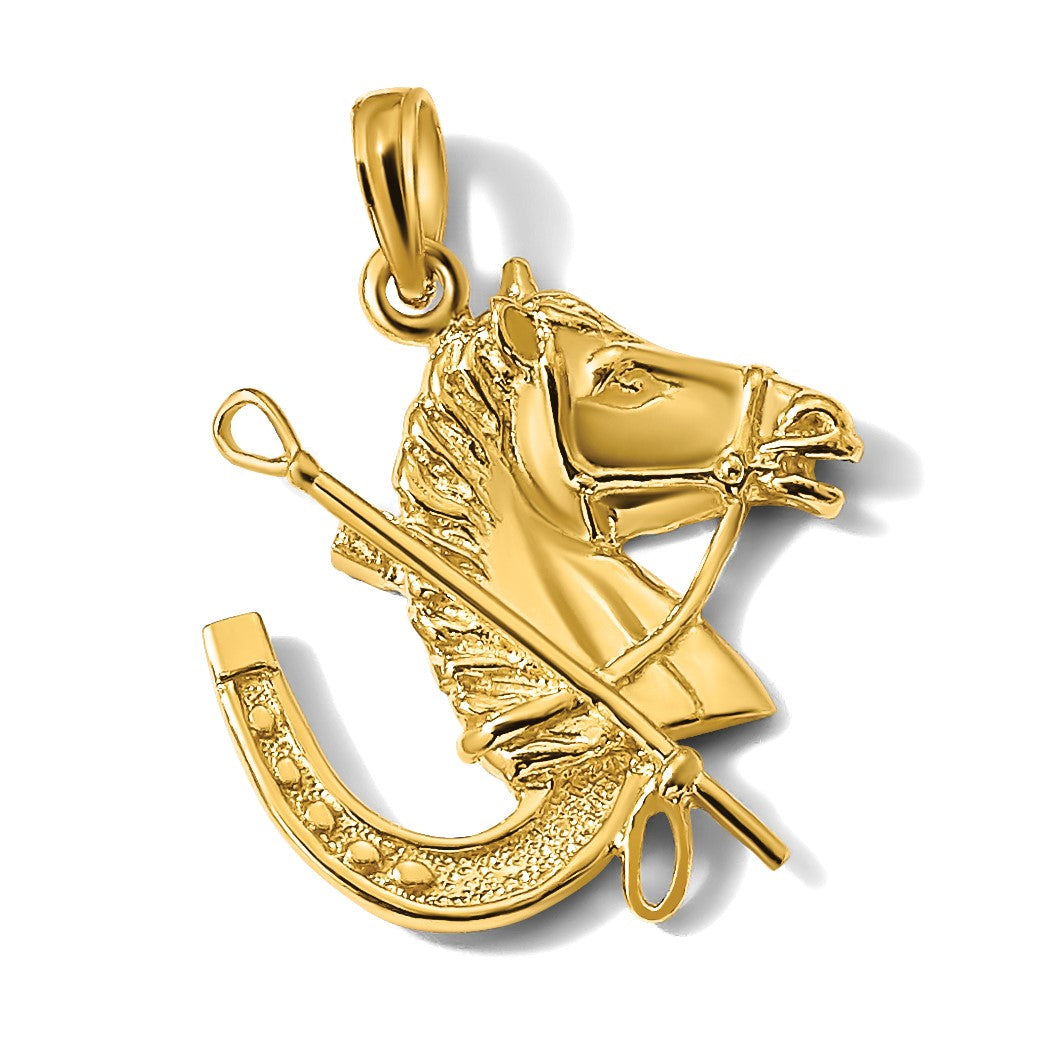14K Gelbgold Pferdekopf-Charm mit Hufeisen und Reitgerte