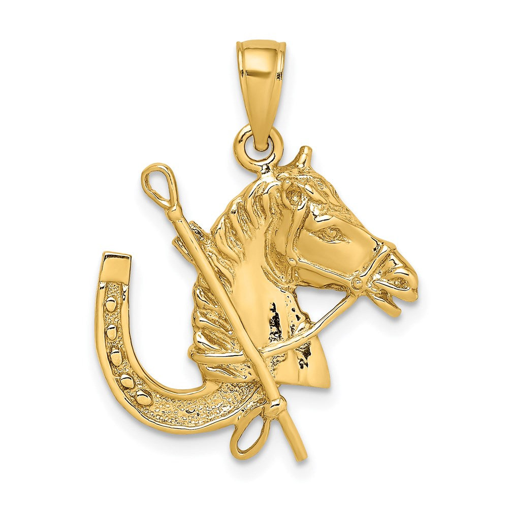 14K Gelbgold Pferdekopf-Charm mit Hufeisen und Reitgerte