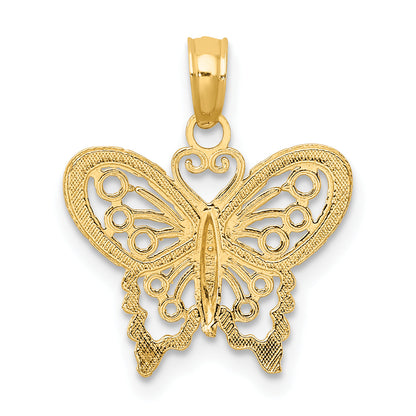14K Gelbgold Poliert und Strukturiert Filigran Schmetterling Charm