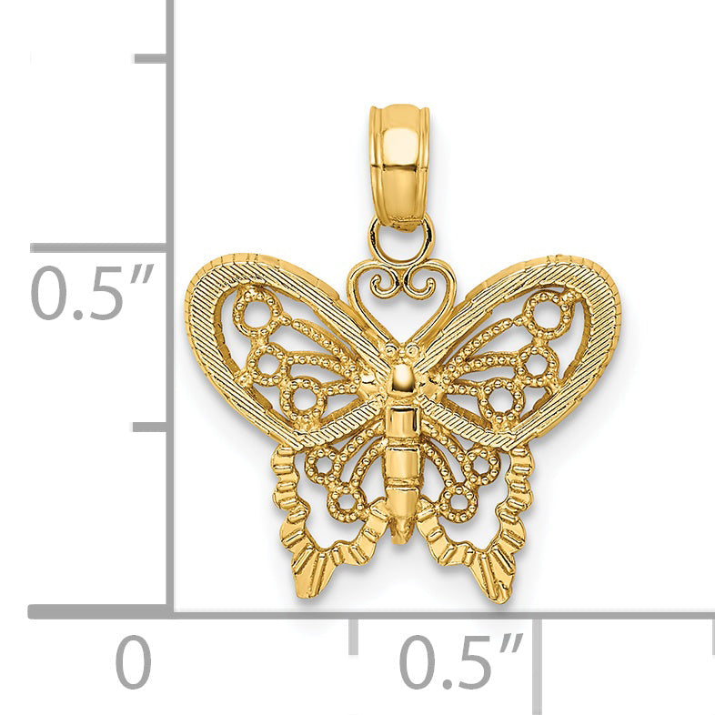 14K Gelbgold Poliert und Strukturiert Filigran Schmetterling Charm