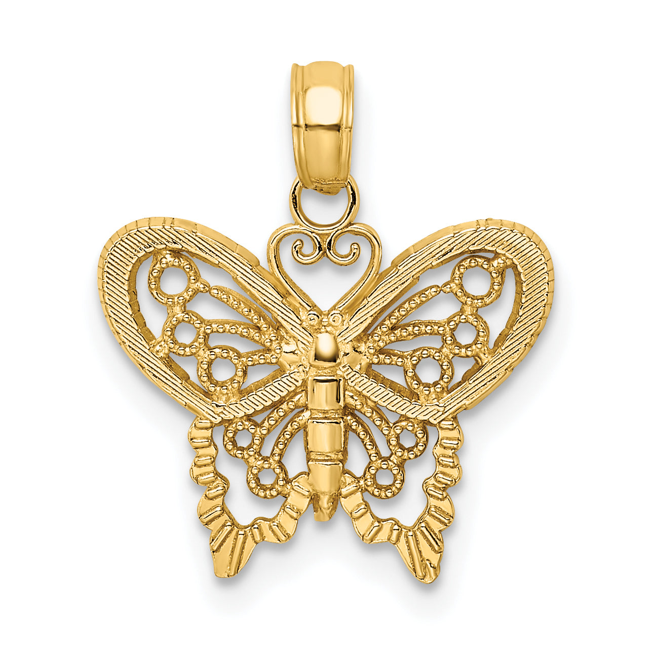 14K Gelbgold Poliert und Strukturiert Filigran Schmetterling Charm