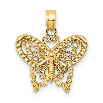 14K Gelbgold Poliert und Strukturiert Filigran Schmetterling Charm