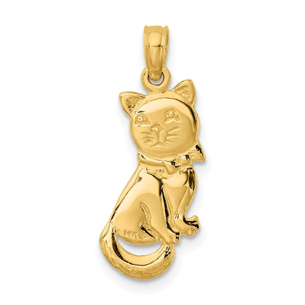 14K Gelbgold 3-d Poliert und Schleife Sitting Katze Charm