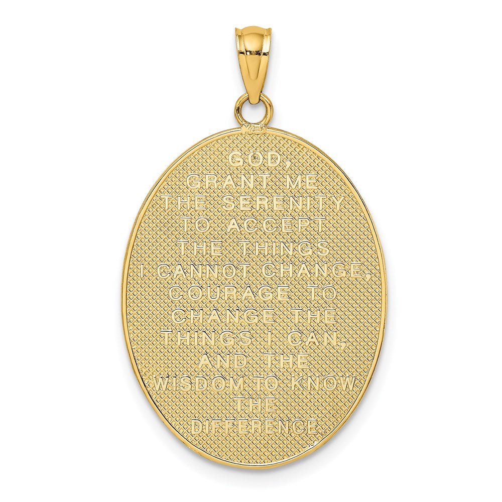 14K Gelb- und Rhodiumgold-Charm mit Rhodium-Emaille, Rosa Gelassenheitsgebet, ovale Scheibe
