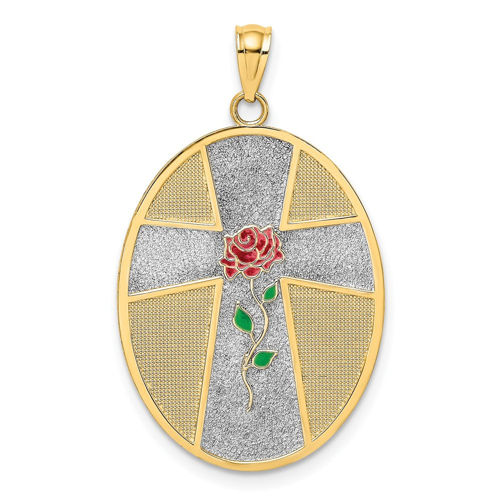 14K Gelb- und Rhodiumgold-Charm mit Rhodium-Emaille, Rosa Gelassenheitsgebet, ovale Scheibe