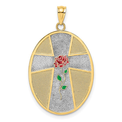14K Gelb- und Rhodiumgold-Charm mit Rhodium-Emaille, Rosa Gelassenheitsgebet, ovale Scheibe