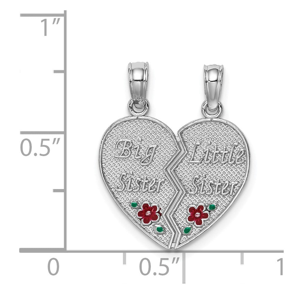 14K Weißgold Emaille „BIG-LITTLE SISTER" Herz-Charm zum Auseinanderbrechen