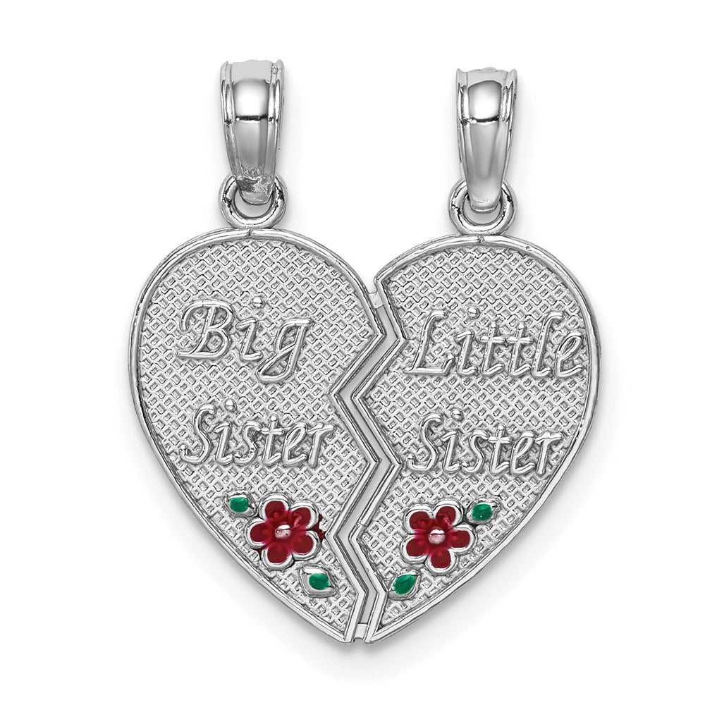 14K Weißgold Emaille „BIG-LITTLE SISTER" Herz-Charm zum Auseinanderbrechen