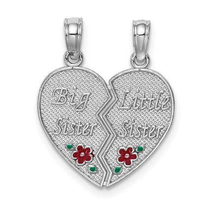 14K Weißgold Emaille „BIG-LITTLE SISTER" Herz-Charm zum Auseinanderbrechen
