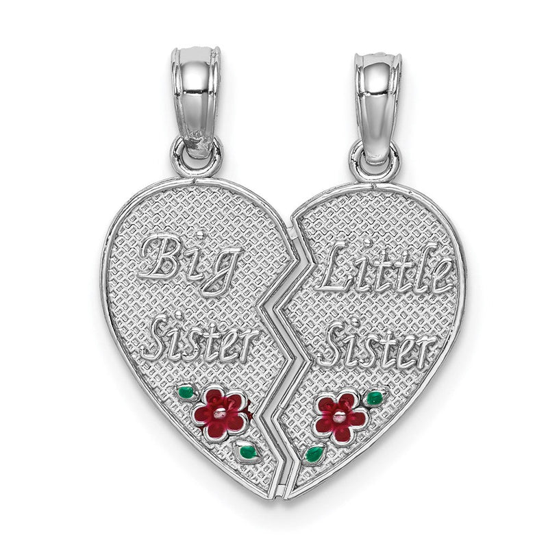 14K Weißgold Emaille „BIG-LITTLE SISTER" Herz-Charm zum Auseinanderbrechen