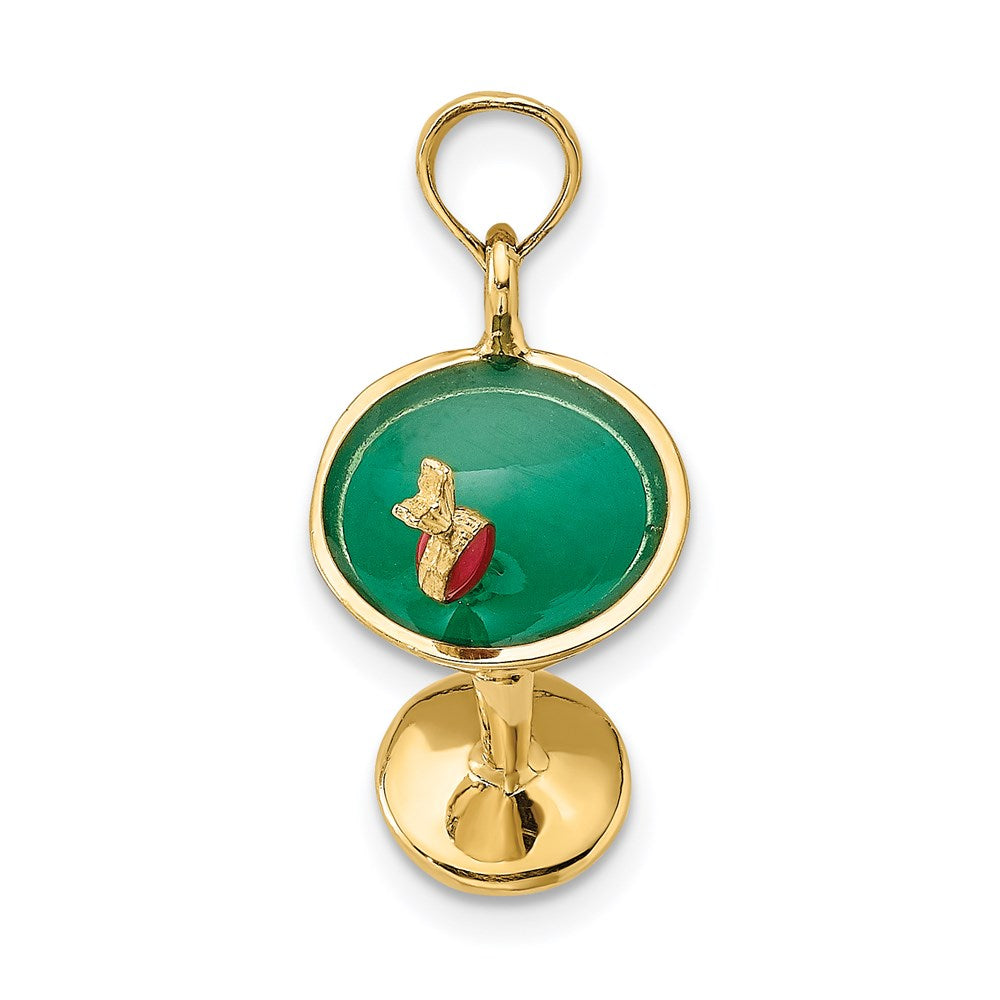 14 Karat Gelbgold 3-D Martini-Glas-Charm mit grüner Emaille und Kirsche