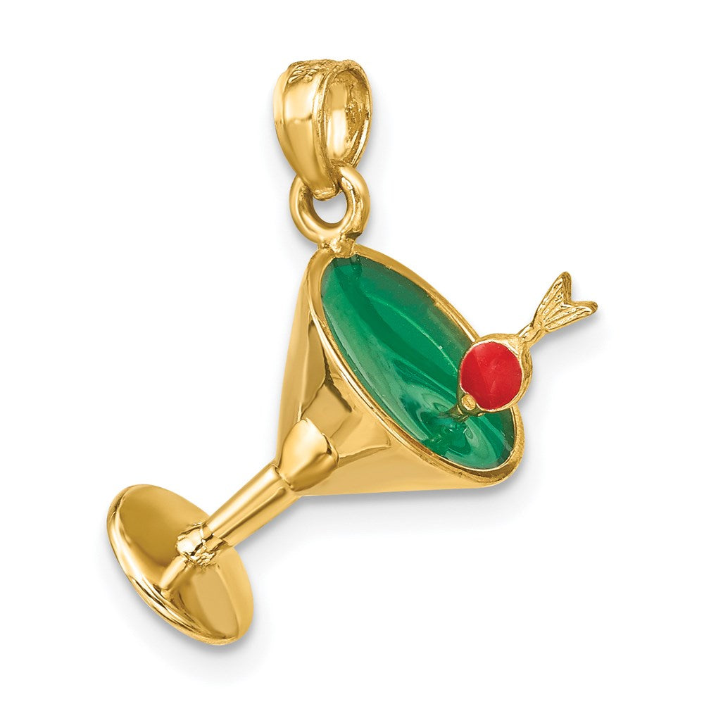 14 Karat Gelbgold 3-D Martini-Glas-Charm mit grüner Emaille und Kirsche