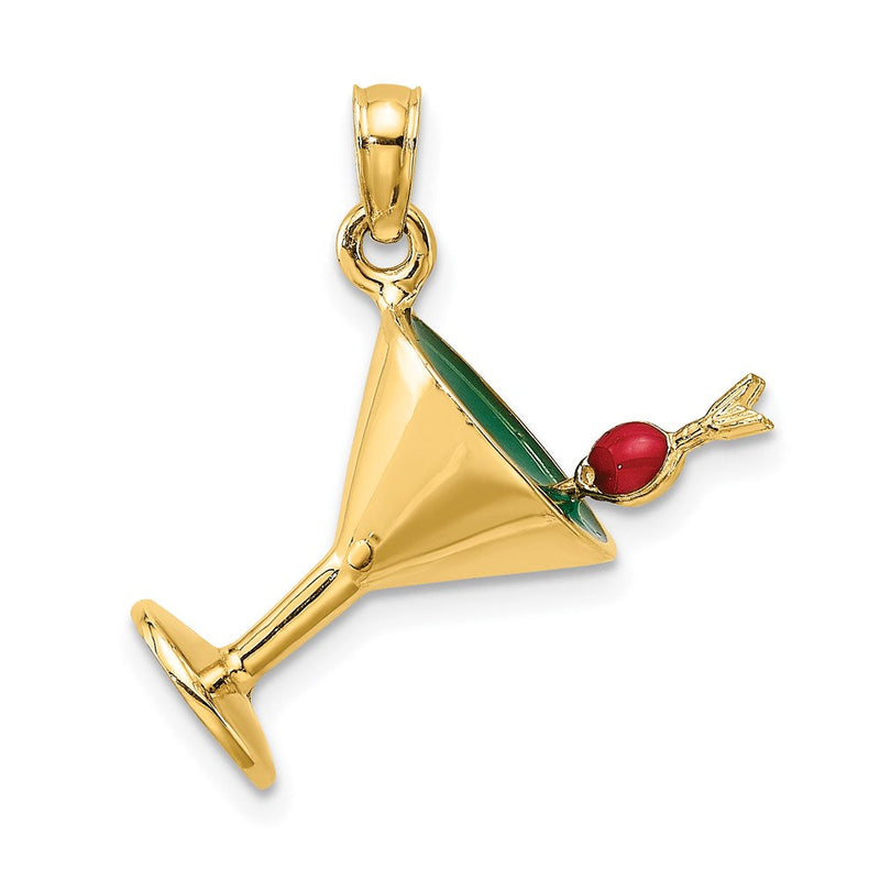 14 Karat Gelbgold 3-D Martini-Glas-Charm mit grüner Emaille und Kirsche