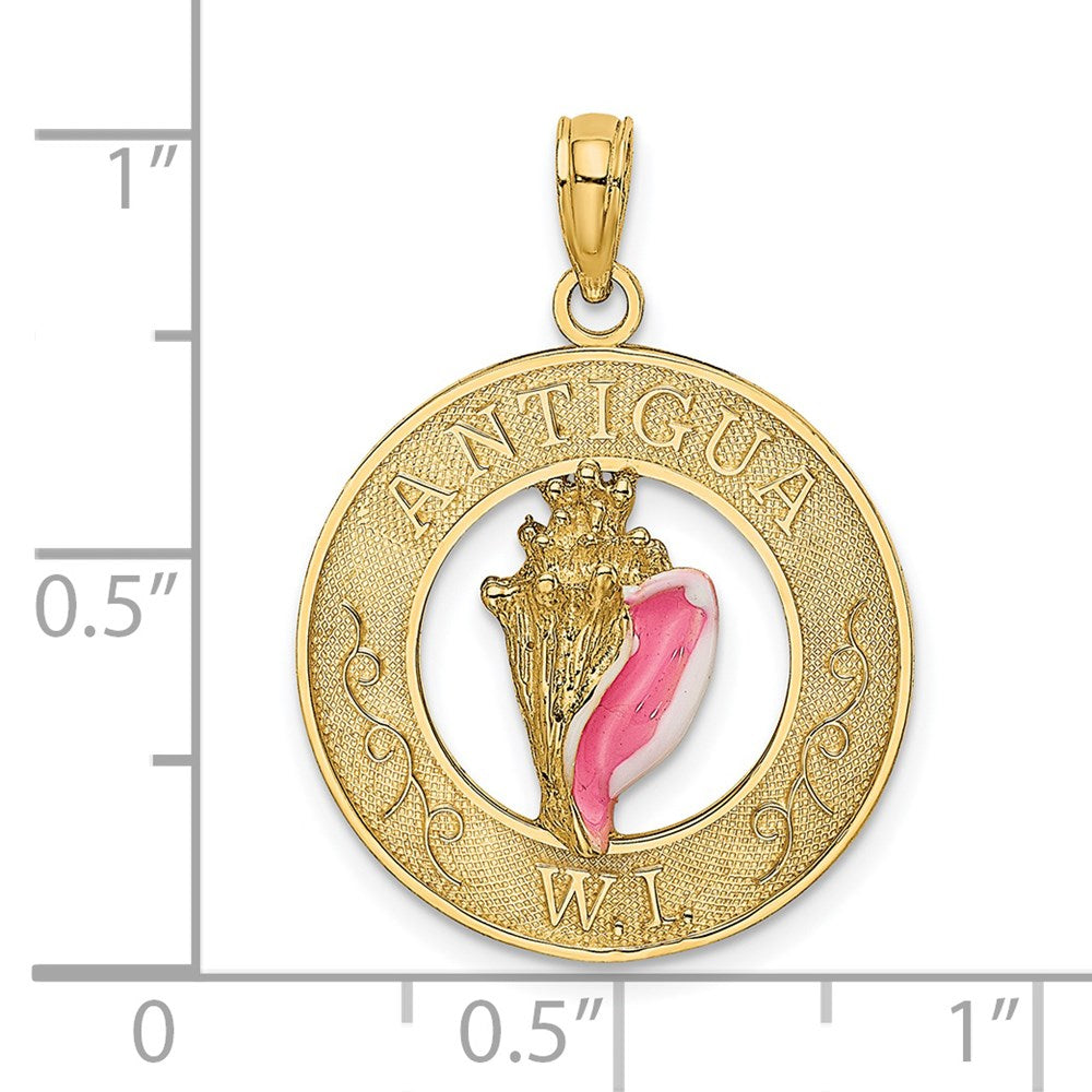 14K Gelbgold Antigua-WI-Kreis-Charm mit Email-Conch-Muschel