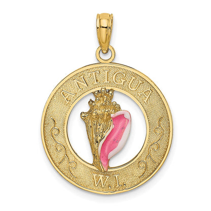 14K Gelbgold Antigua-WI-Kreis-Charm mit Email-Conch-Muschel