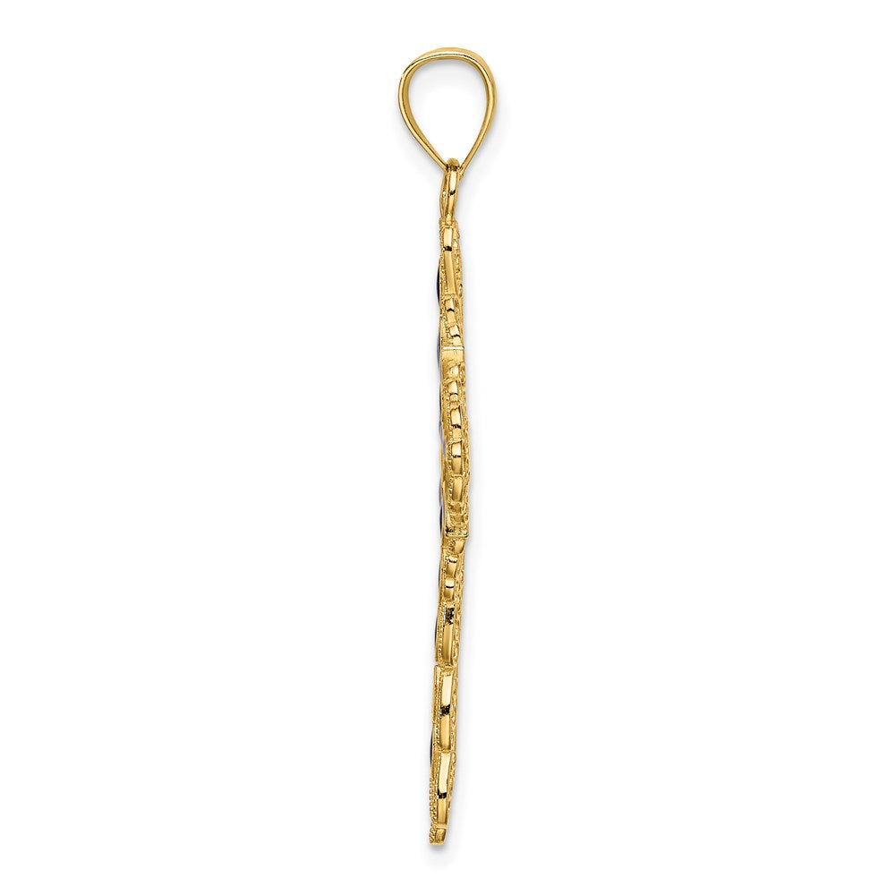 14 Karat Gelbgold Kreuz-Charm mit blauem Email-Filigran