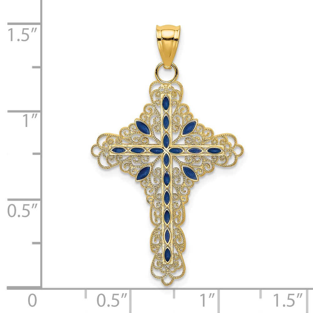 14 Karat Gelbgold Kreuz-Charm mit blauem Email-Filigran