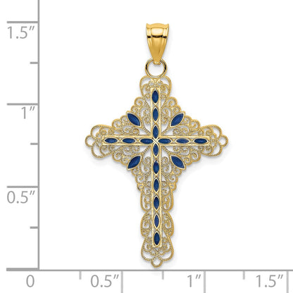 14 Karat Gelbgold Kreuz-Charm mit blauem Email-Filigran
