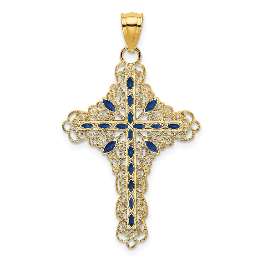 14 Karat Gelbgold Kreuz-Charm mit blauem Email-Filigran