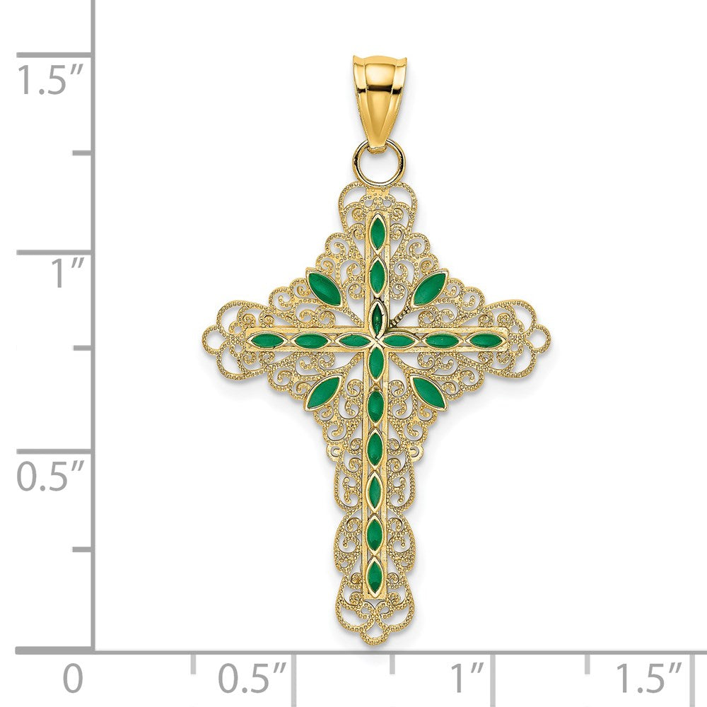 14K Gelbgold Kreuz-Charm mit grüner Emaille-Filigranarbeit