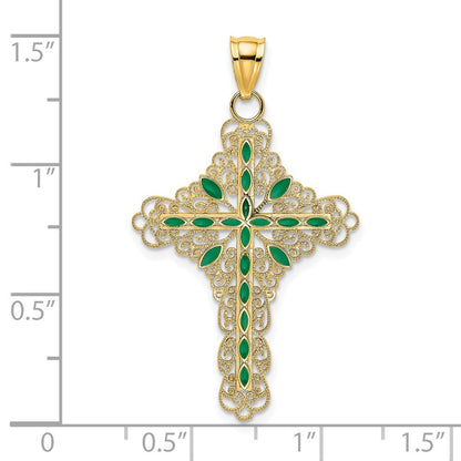 14K Gelbgold Kreuz-Charm mit grüner Emaille-Filigranarbeit