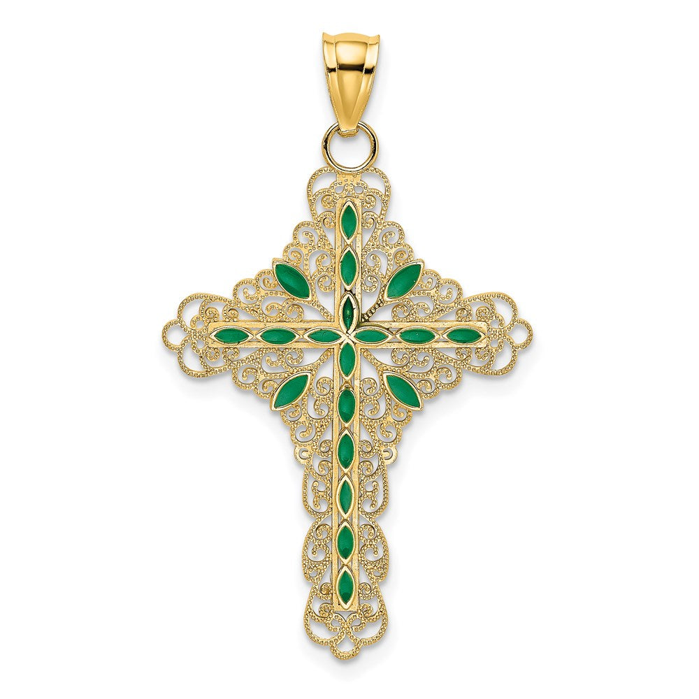 14K Gelbgold Kreuz-Charm mit grüner Emaille-Filigranarbeit