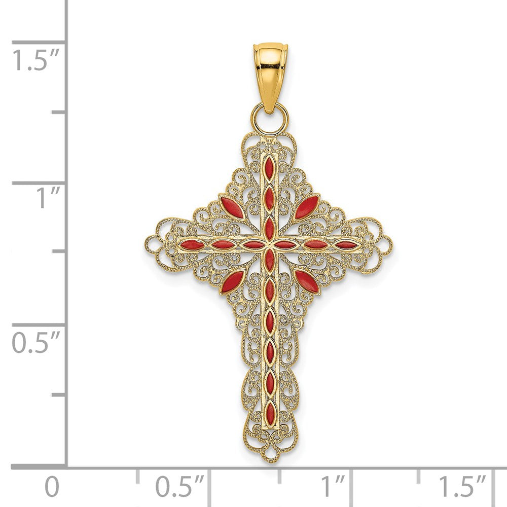 14 Karat Gelbgold Filigran-Kreuz-Charm mit roter Emaille