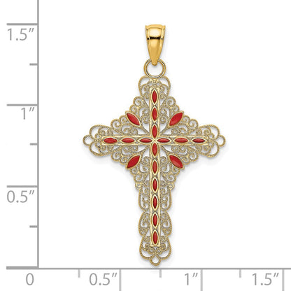 14 Karat Gelbgold Filigran-Kreuz-Charm mit roter Emaille