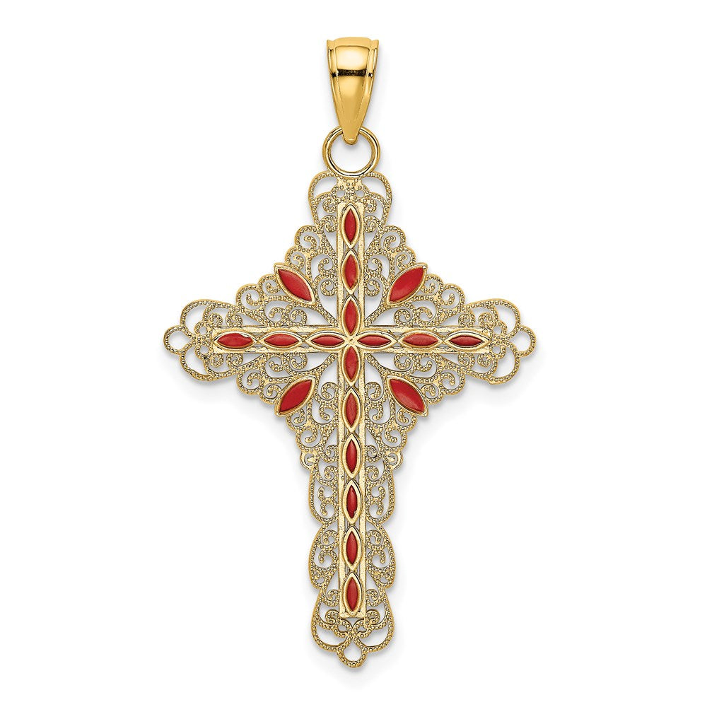14 Karat Gelbgold Filigran-Kreuz-Charm mit roter Emaille