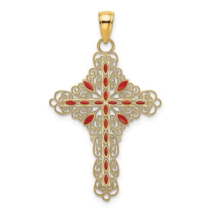 14 Karat Gelbgold Filigran-Kreuz-Charm mit roter Emaille